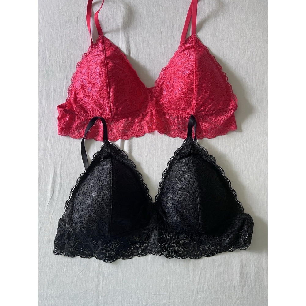 NWOT Quince Stretch Lace Triangle Padded Bralette 2 pack Red & Black Size XL